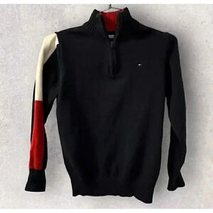 Tommy Hilfiger 1/4 Zip Youth Sweater Size S (8/10) Navy With Color Block Sleeves